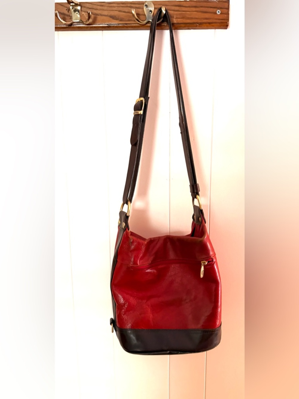 Red and Black Leather Crossbody Bucket Bag